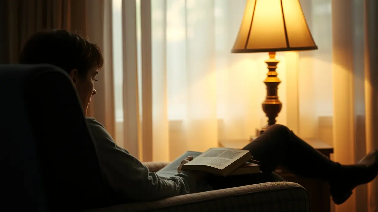 Pessoa relaxando com abajur aceso