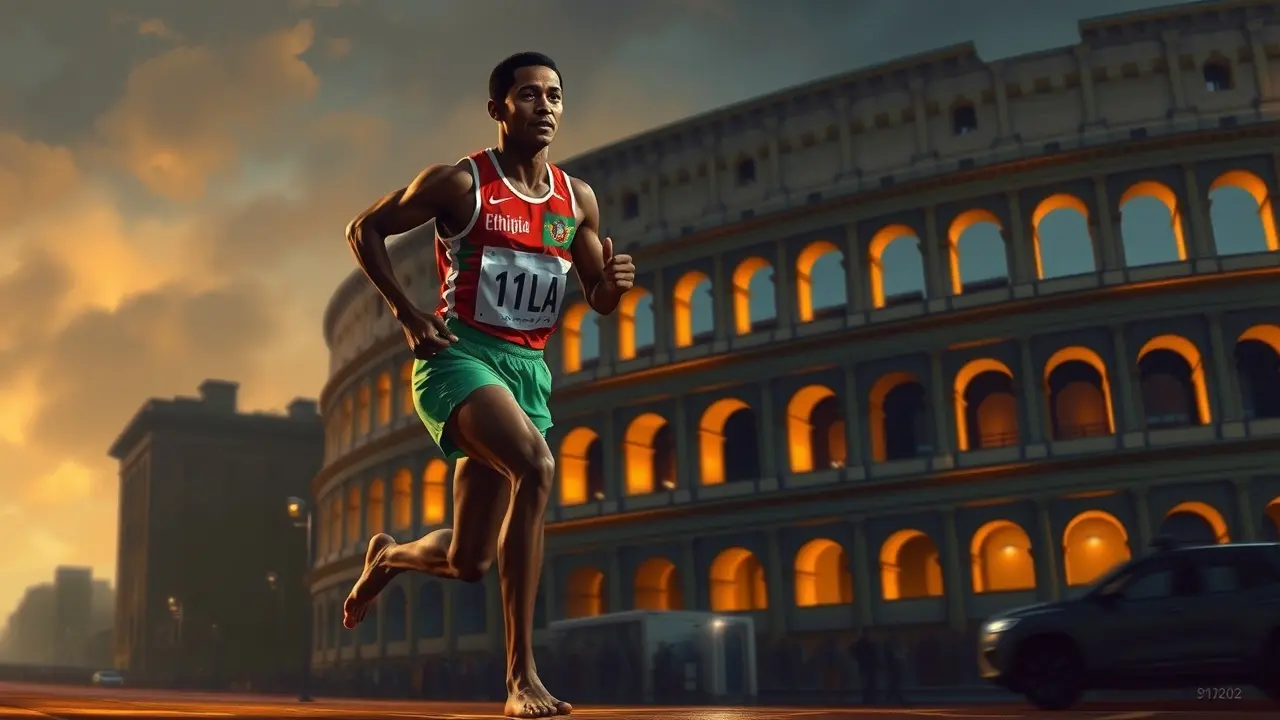 Sonhar com Abebe Bikila: Descubra o Significado e as Mensagens Ocultas Abebe Bikila correndo descalço nas Olimpíadas de Roma
