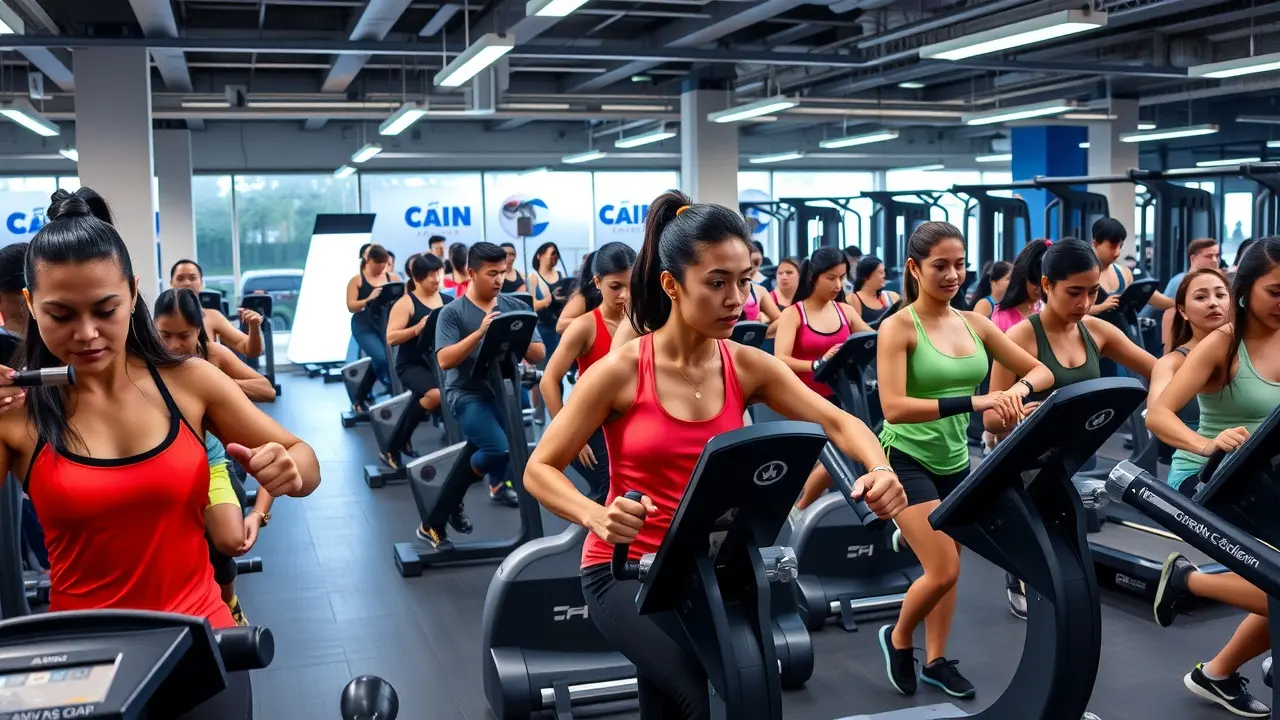 Pessoas se exercitando em uma academia moderna e bem equipada, representando o sonho com academia.