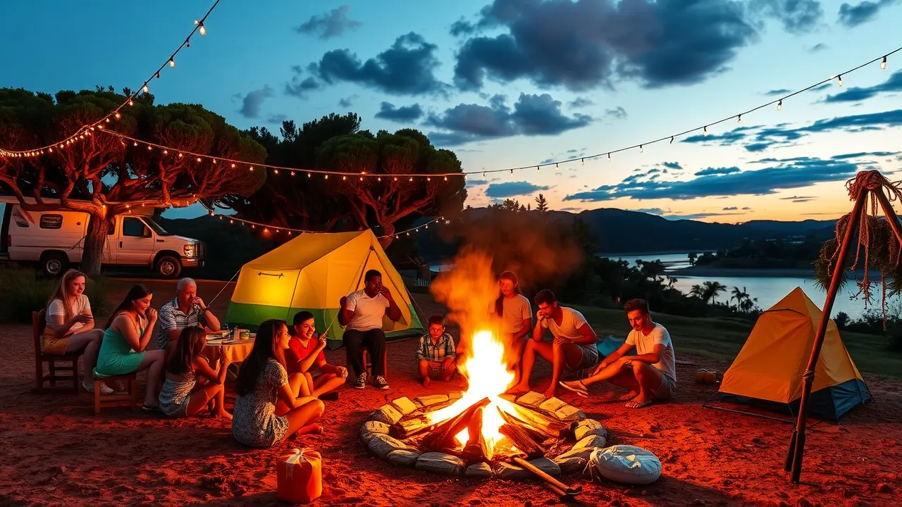 Sonhar com Acampamento de Verão: Desvende o Significado Acampamento de verão ao entardecer com fogueira e jovens sorrindo