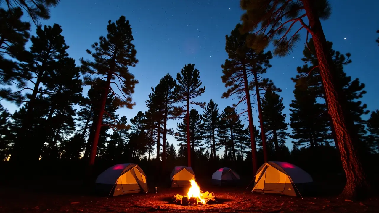 Sonhar com Acampamento: Descubra o Significado e as Interpretações! Acampamento ao entardecer com fogueira e céu estrelado