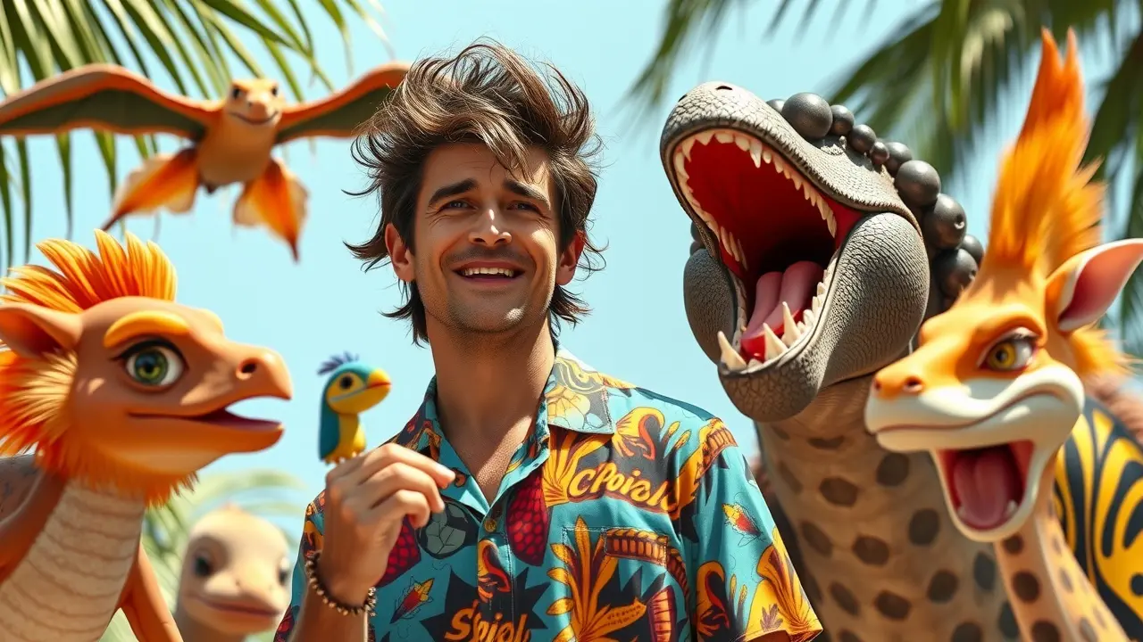 Homem excêntrico rodeado de animais