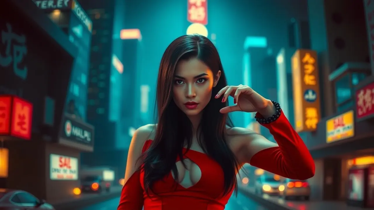 Sonhar com Ada Wong: Descubra o Significado e as Mensagens Ocultas Mulher misteriosa vestida de vermelho em cidade futurista