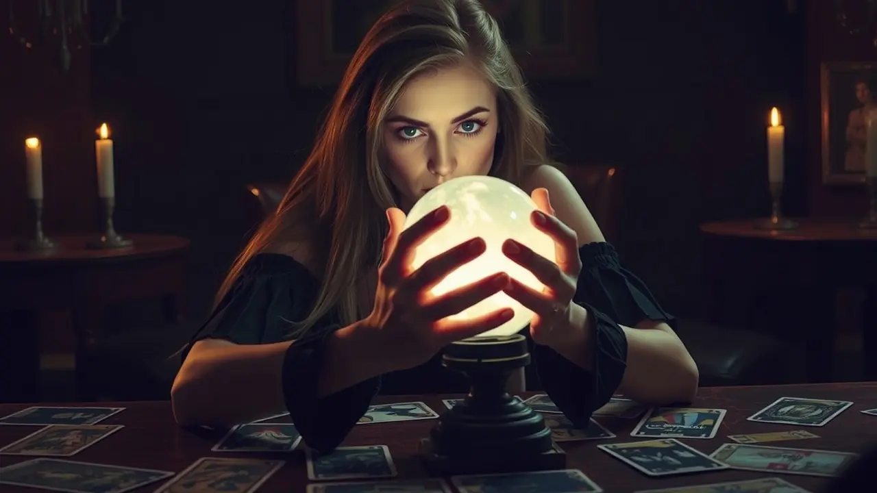 Mulher com bola de cristal e cartas de tarot