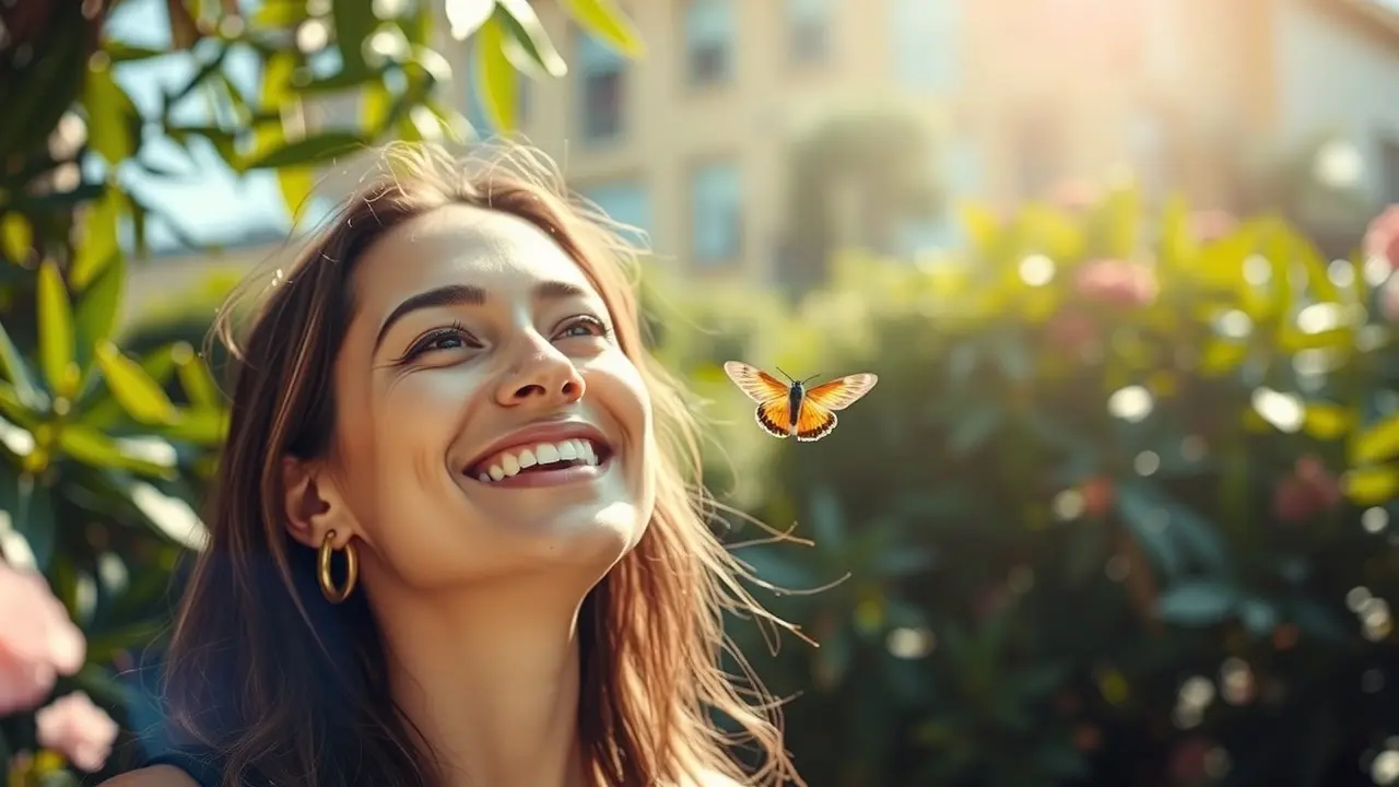 Sonhar com Adriana: Descubra o Significado e as Interpretações Mulher sorrindo em jardim ensolarado