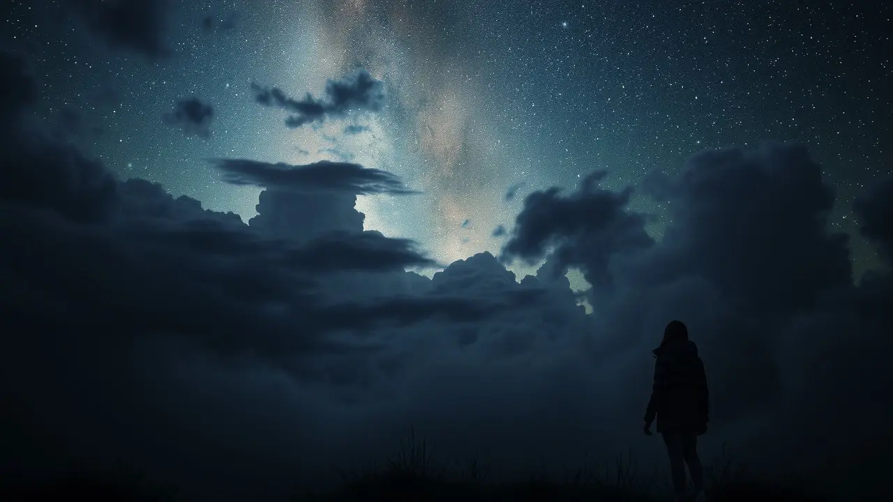 Mulher observando o céu noturno e interpretando os sinais da aeromancia.