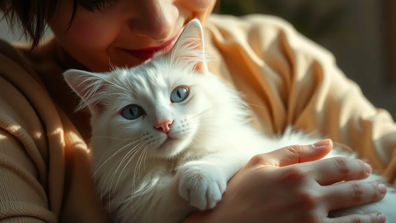 Mulher afagando um gato branco