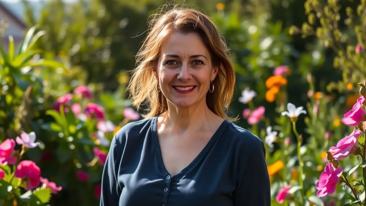 Significado de Sonhar com Agda Küerten: Intuições e Legados Mulher serena sorrindo em um jardim ensolarado