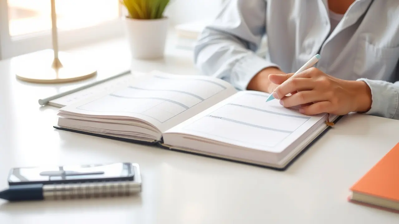 Pessoa escrevendo em agenda organizada