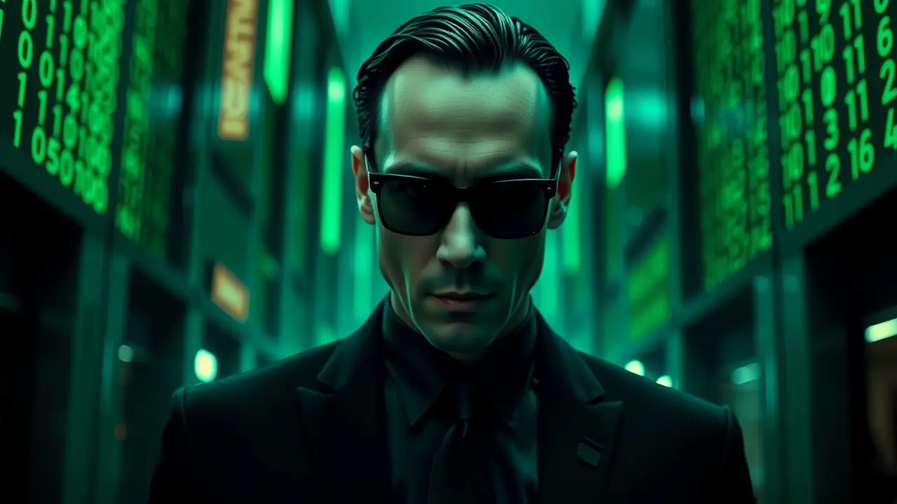 Homem de terno preto e óculos escuros em cenário futurista
