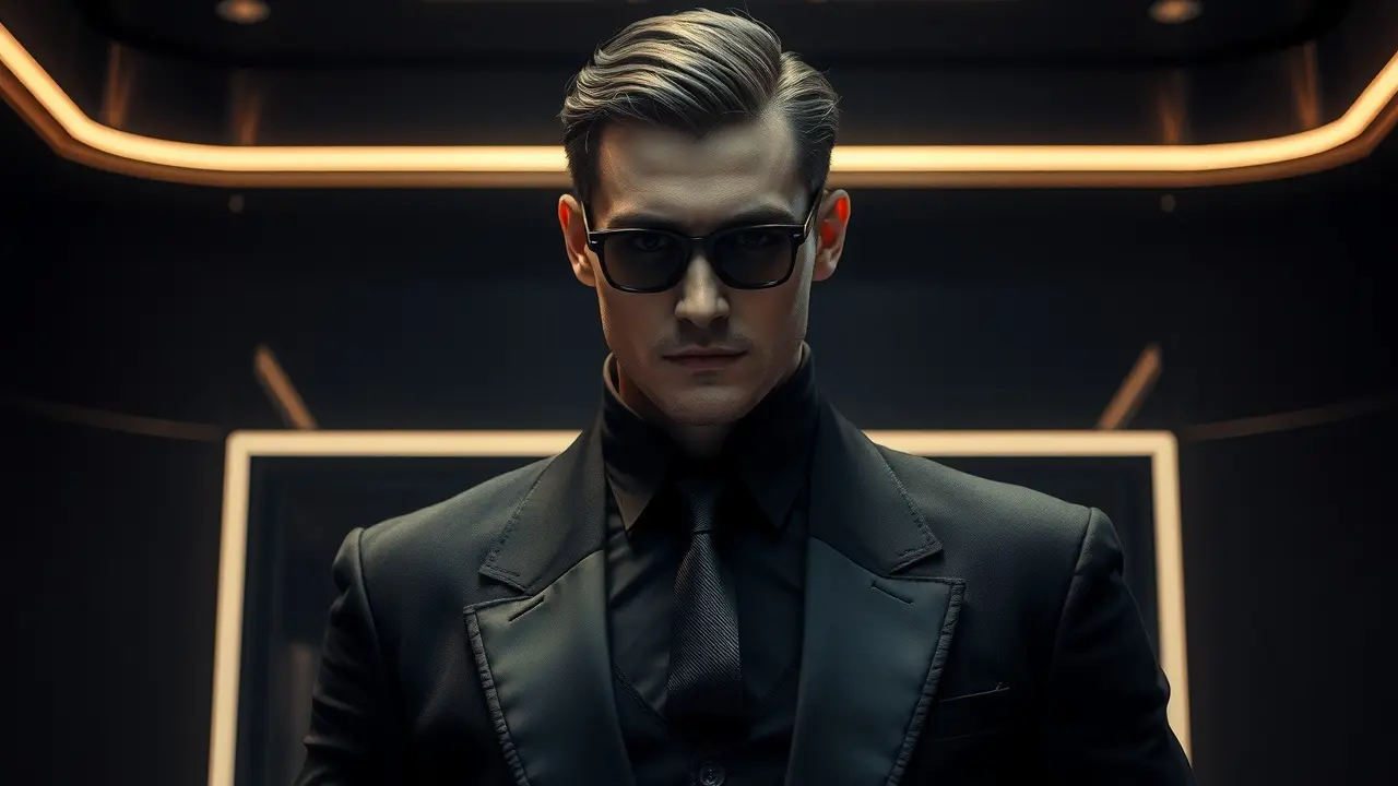 Sonhar com Agente K: Descubra o Significado Oculto! Homem de terno preto e óculos escuros em escritório futurista