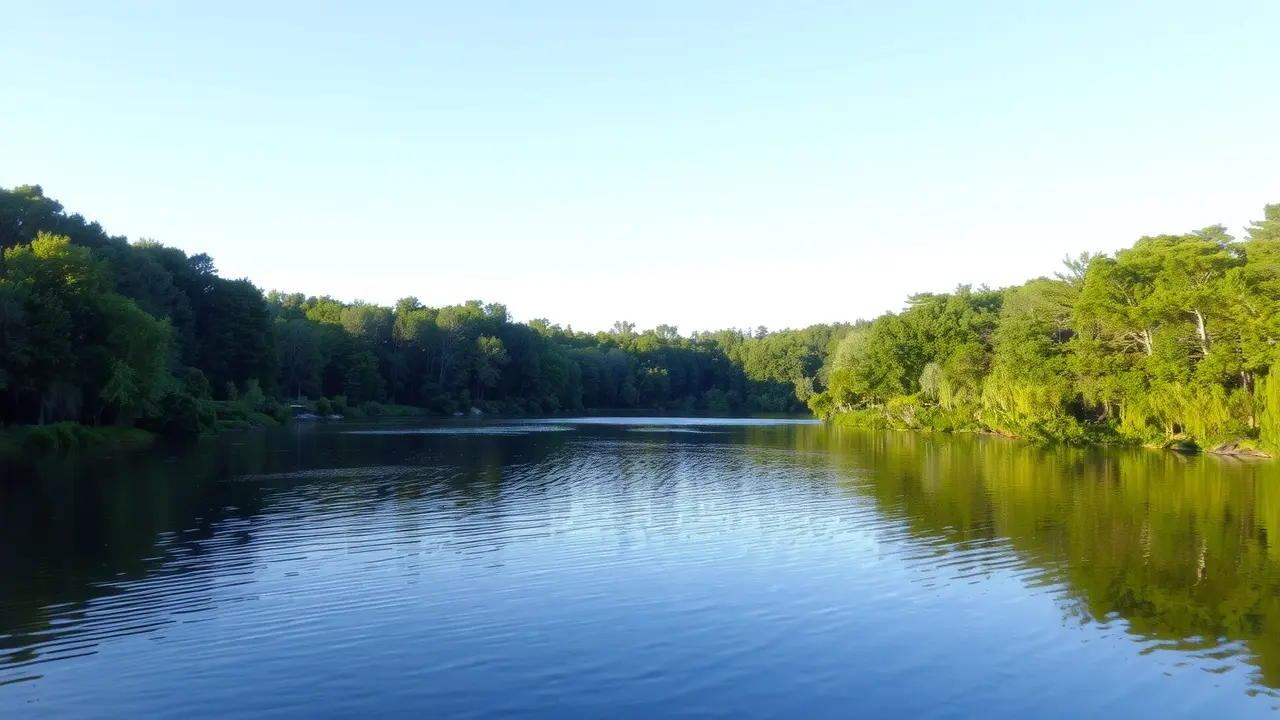 Lago sereno refletindo a tranquilidade da água.
