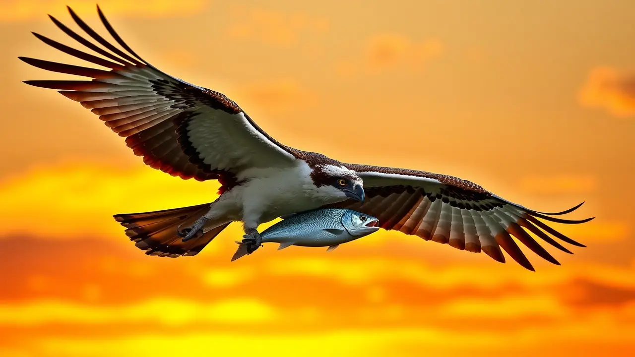 Sonhar com Águia-Pescadora: Desvende os Significados e Simbolismos! Águia-pescadora voando com peixe na garra.