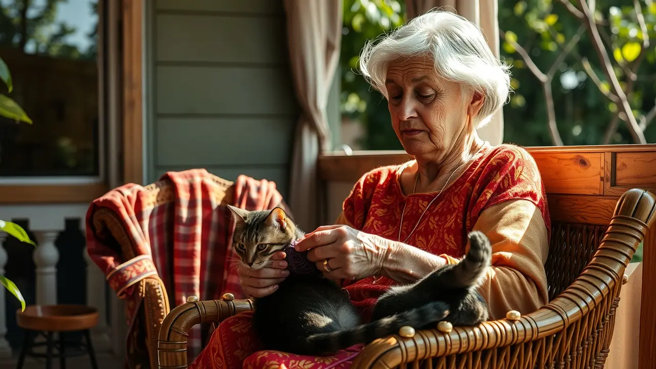 Mulher tricotando em cadeira de balanço