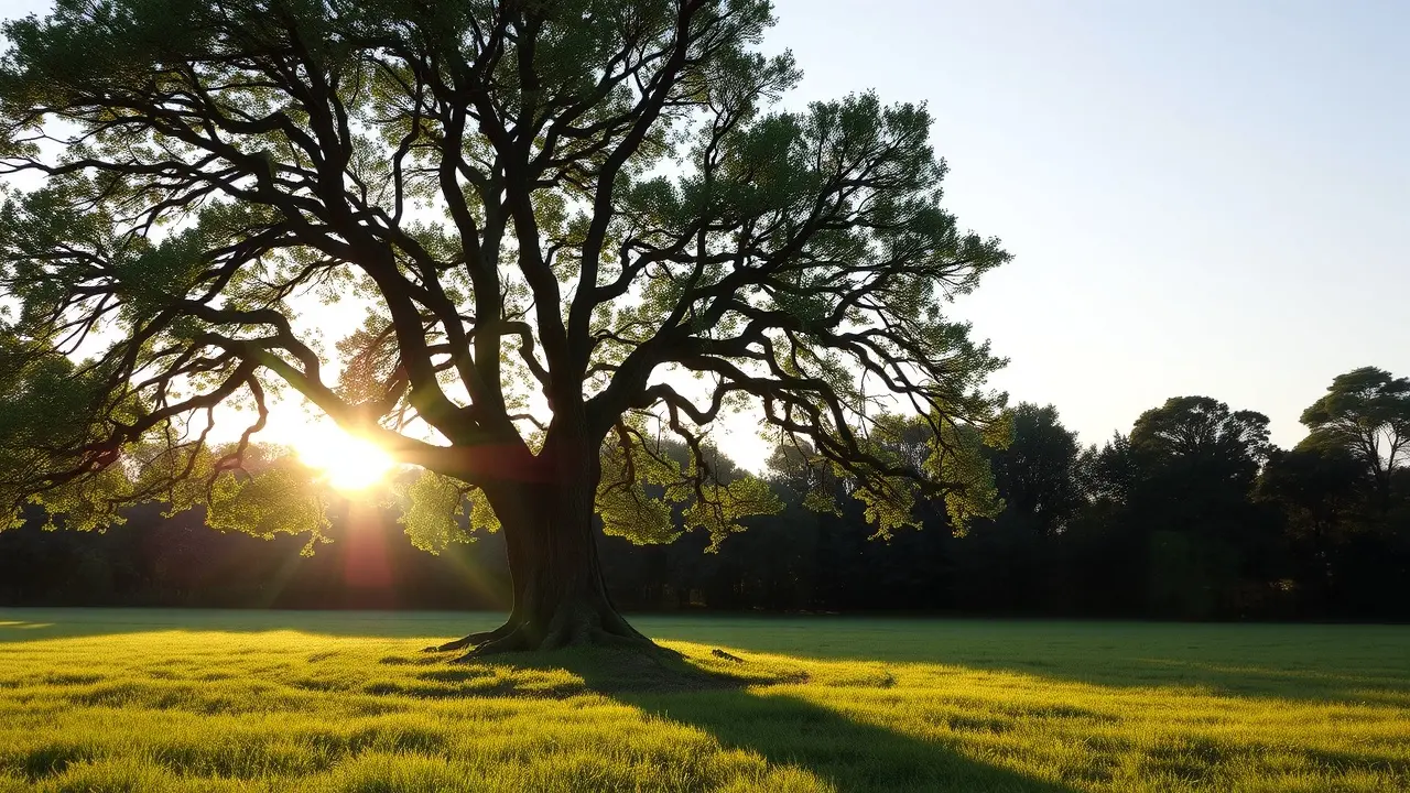 Sonhar com Ailm: Desvende os Significados Ocultos Árvore Ailm em campo verde ao nascer do sol