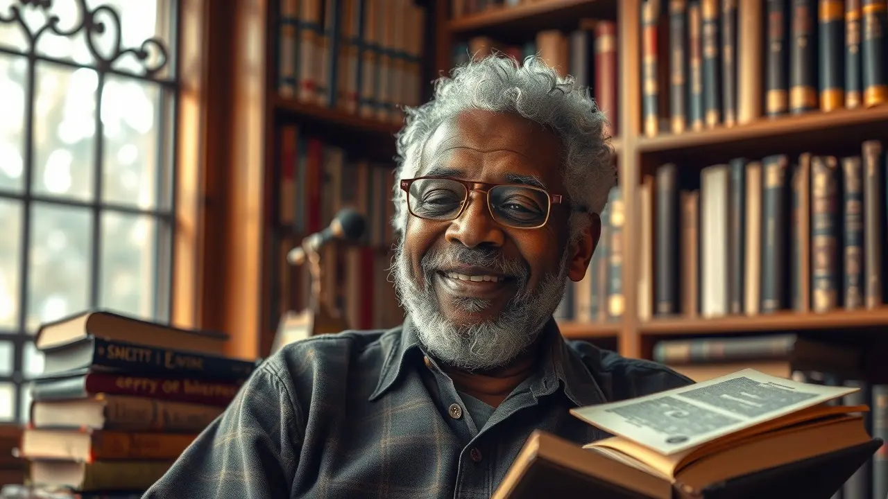 Sonhar com Aimé Césaire: Desvendando os Significados Aimé Césaire sorrindo em frente a livros