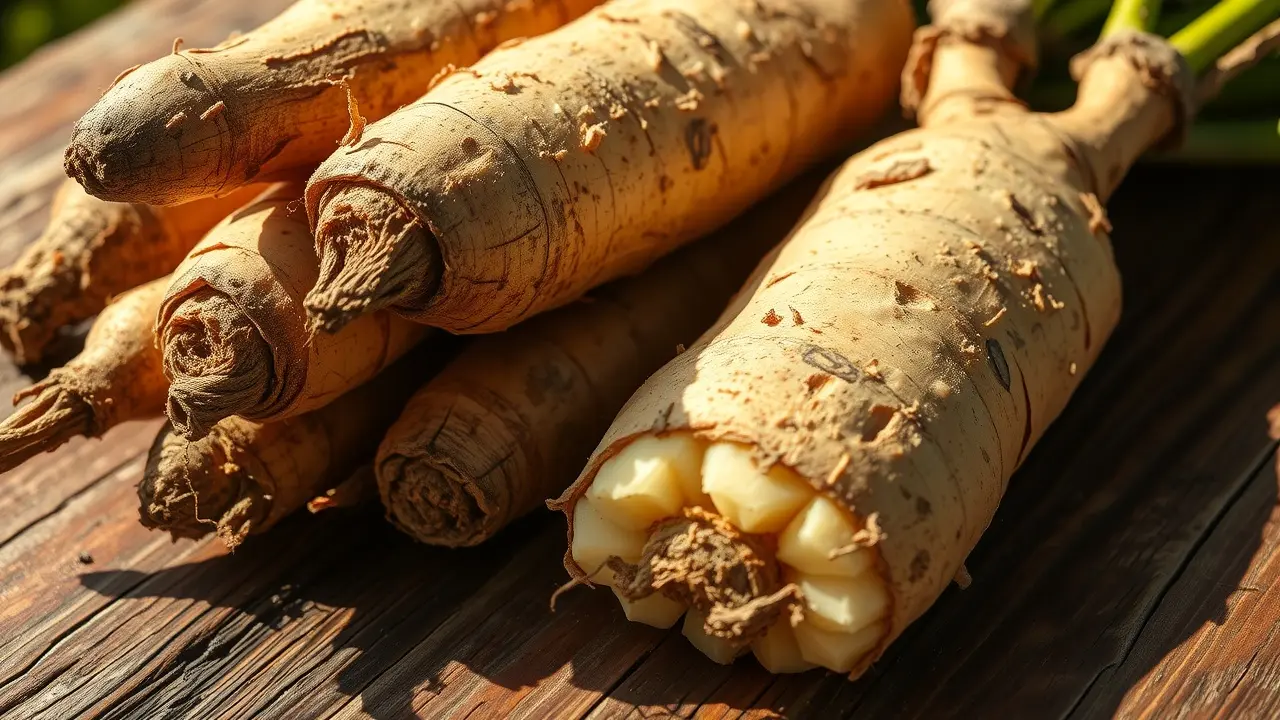 Raízes de aipim recém-colhidas em mesa de madeira rústica