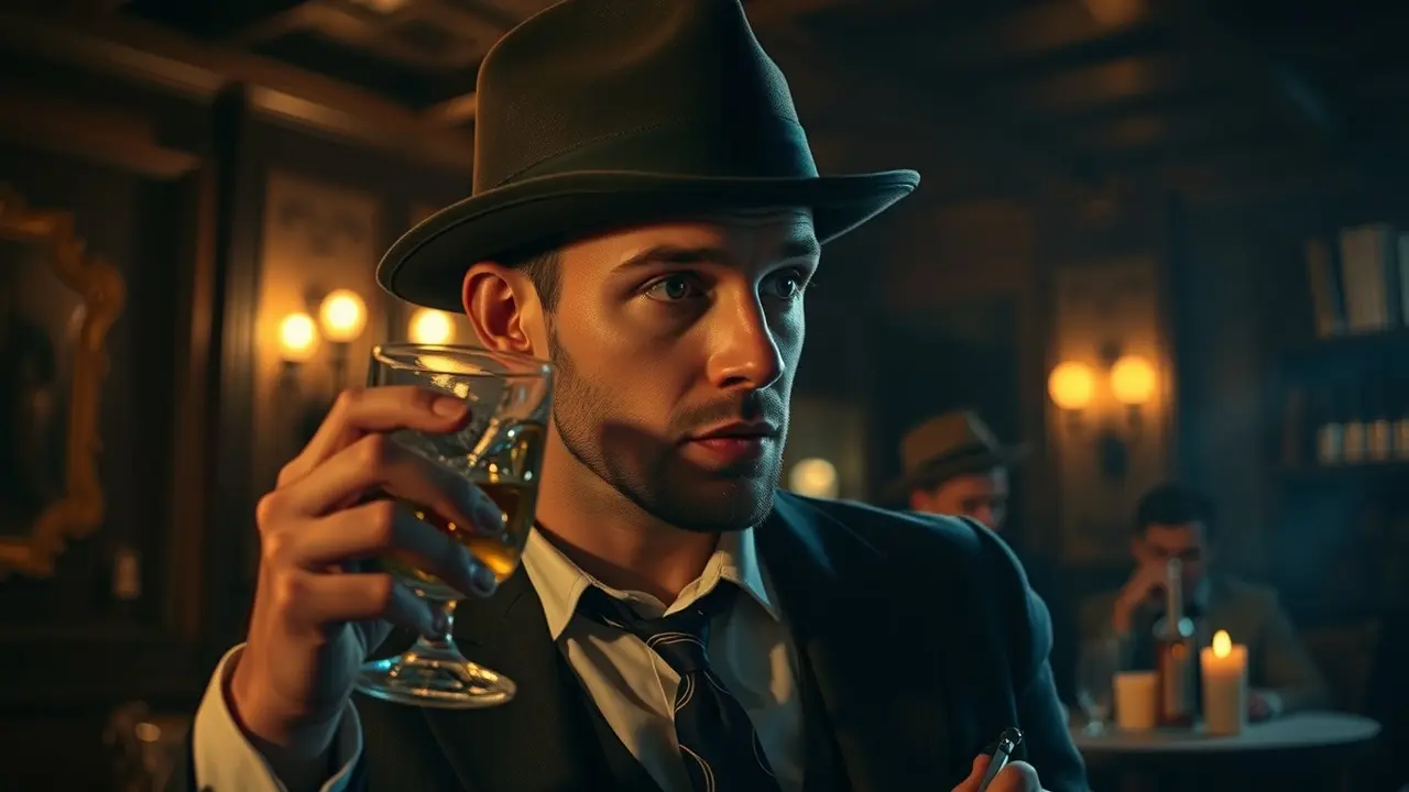 Sonhar com Al Capone: Descubra o Significado Oculto Homem vestido como Al Capone em clube noturno.