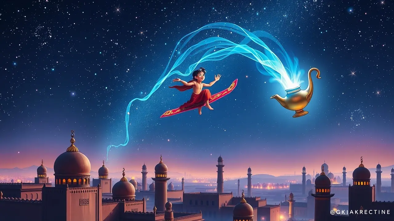 Sonhar com Aladdin: Descubra os Significados Ocultos! Aladdin voando em tapete mágico com gênio