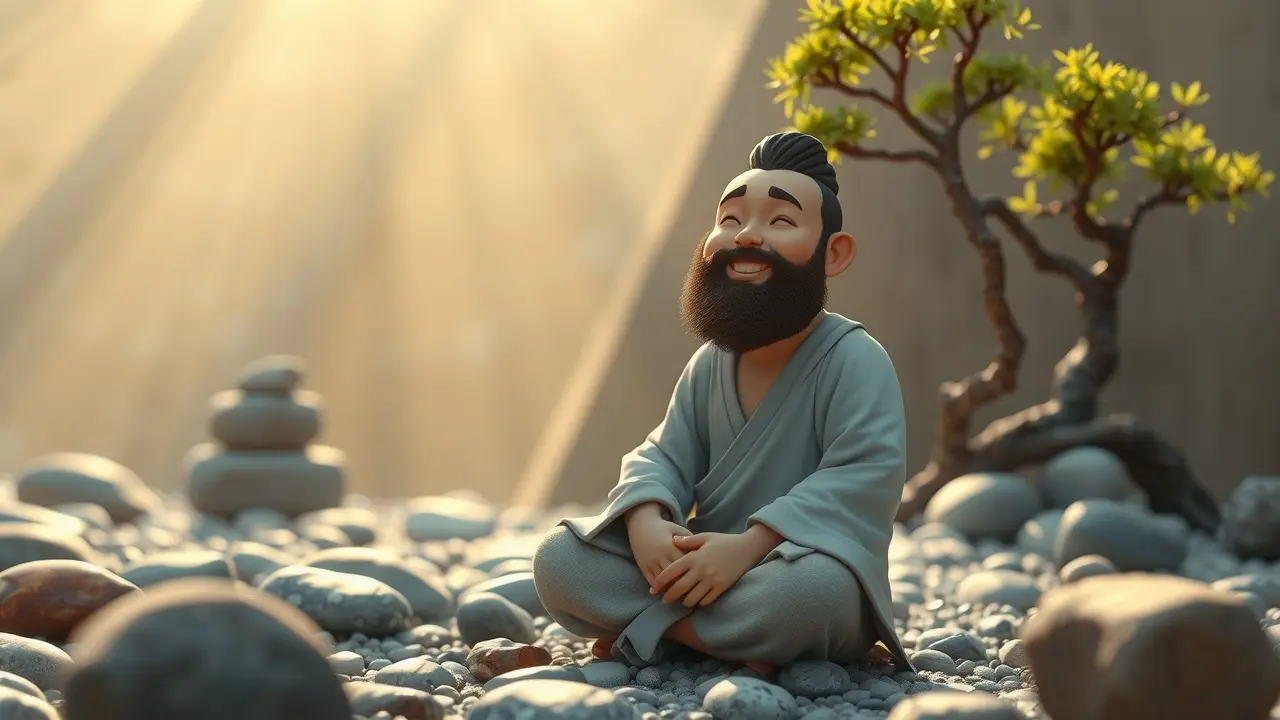 Alan Watts sorrindo em meditação