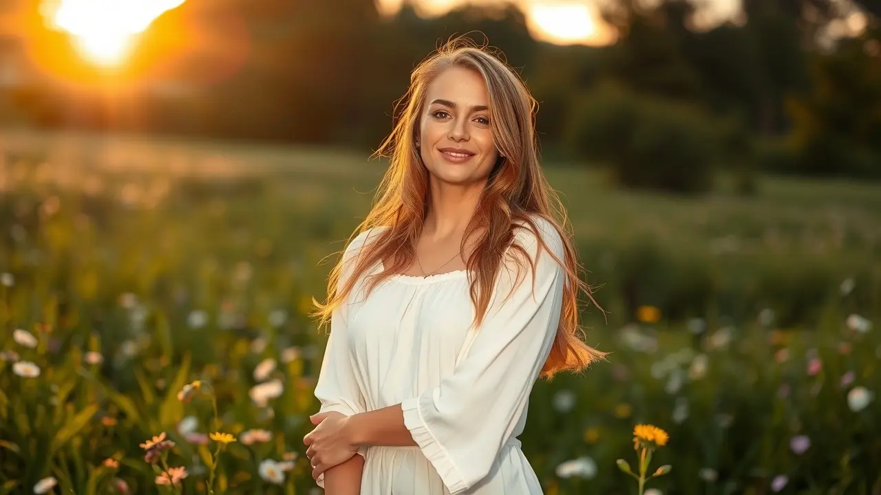 Mulher vestida de branco em campo ao amanhecer
