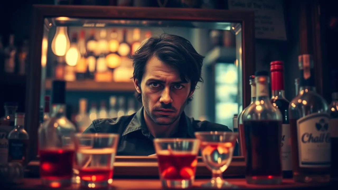 Reflexo distorcido em espelho de bar simbolizando alcoolismo