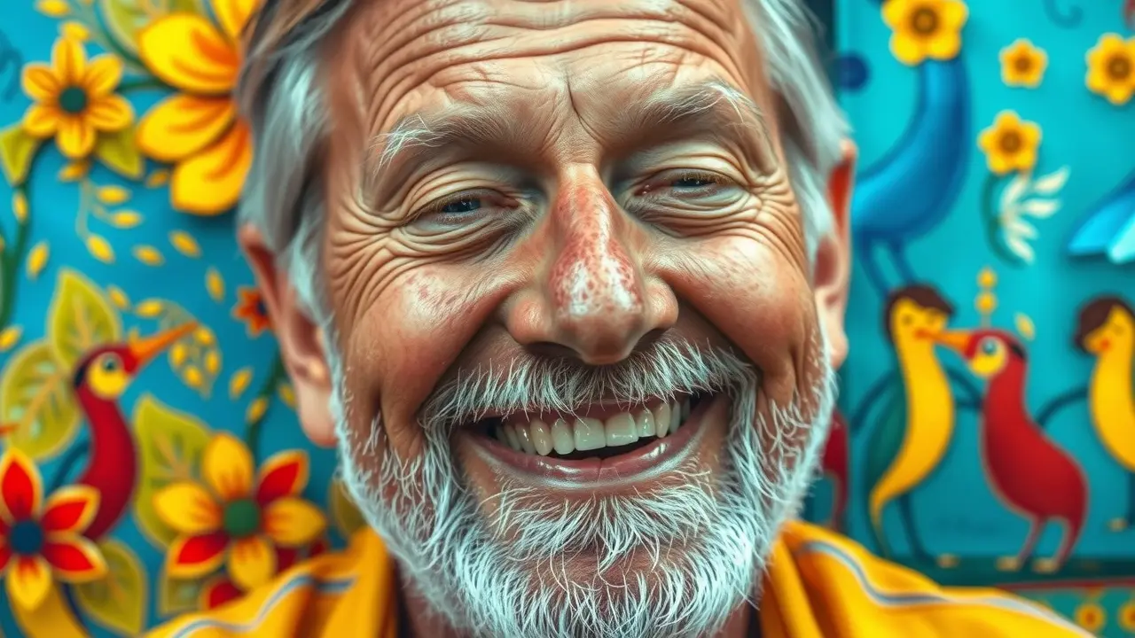 Alfredo Volpi sorrindo em seu ateliê