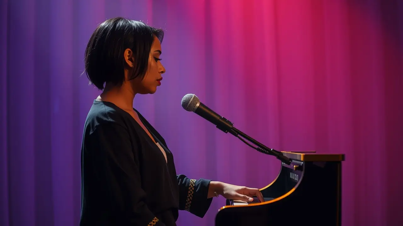 Sonhar com Alicia Keys: Descubra o Significado e as Mensagens Ocultas Mulher negra tocando piano em palco iluminado