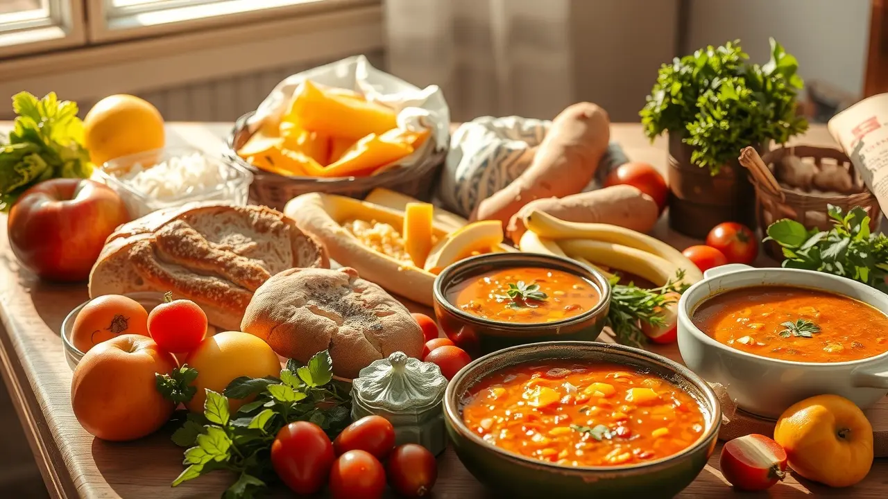 Mesa farta com diversos alimentos frescos