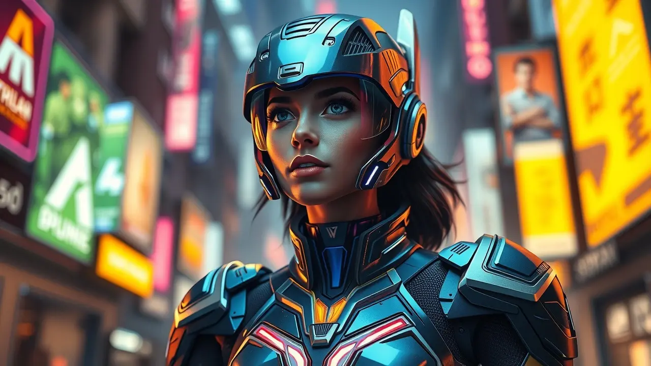 Sonhar com Alita: Desvende os Significados e Simbolismos Alita em ambiente futurista pronta para ação