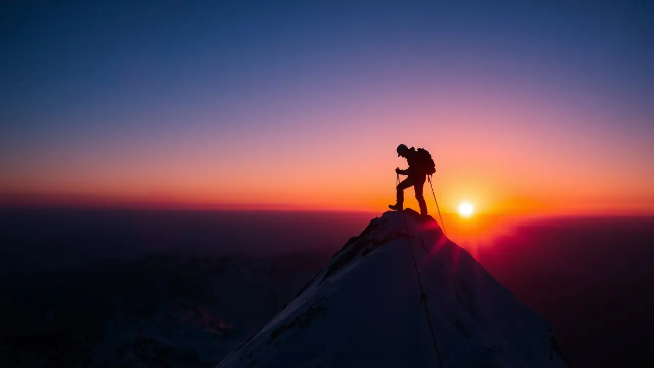 Alpinista escalando montanha ao nascer do sol
