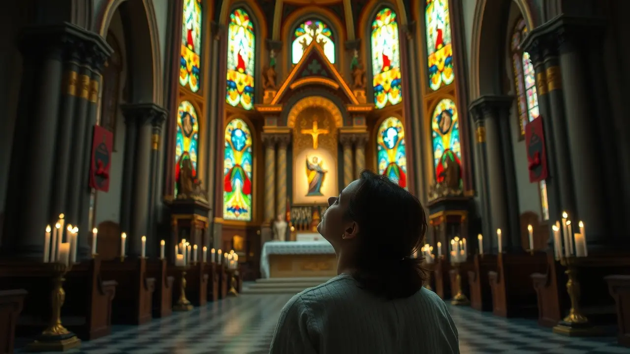 Pessoa ajoelhada em frente a um altar em igreja