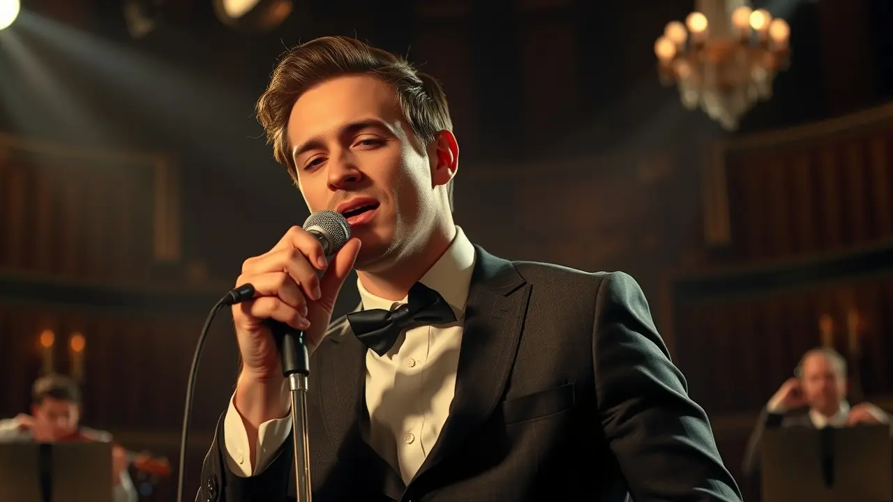 Homem cantando em palco vintage