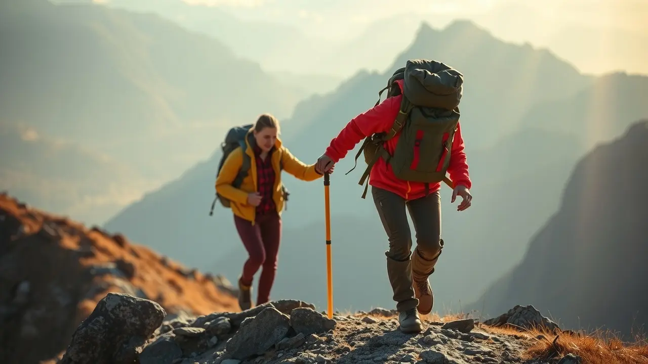 Pessoa ajudando outra a subir montanha