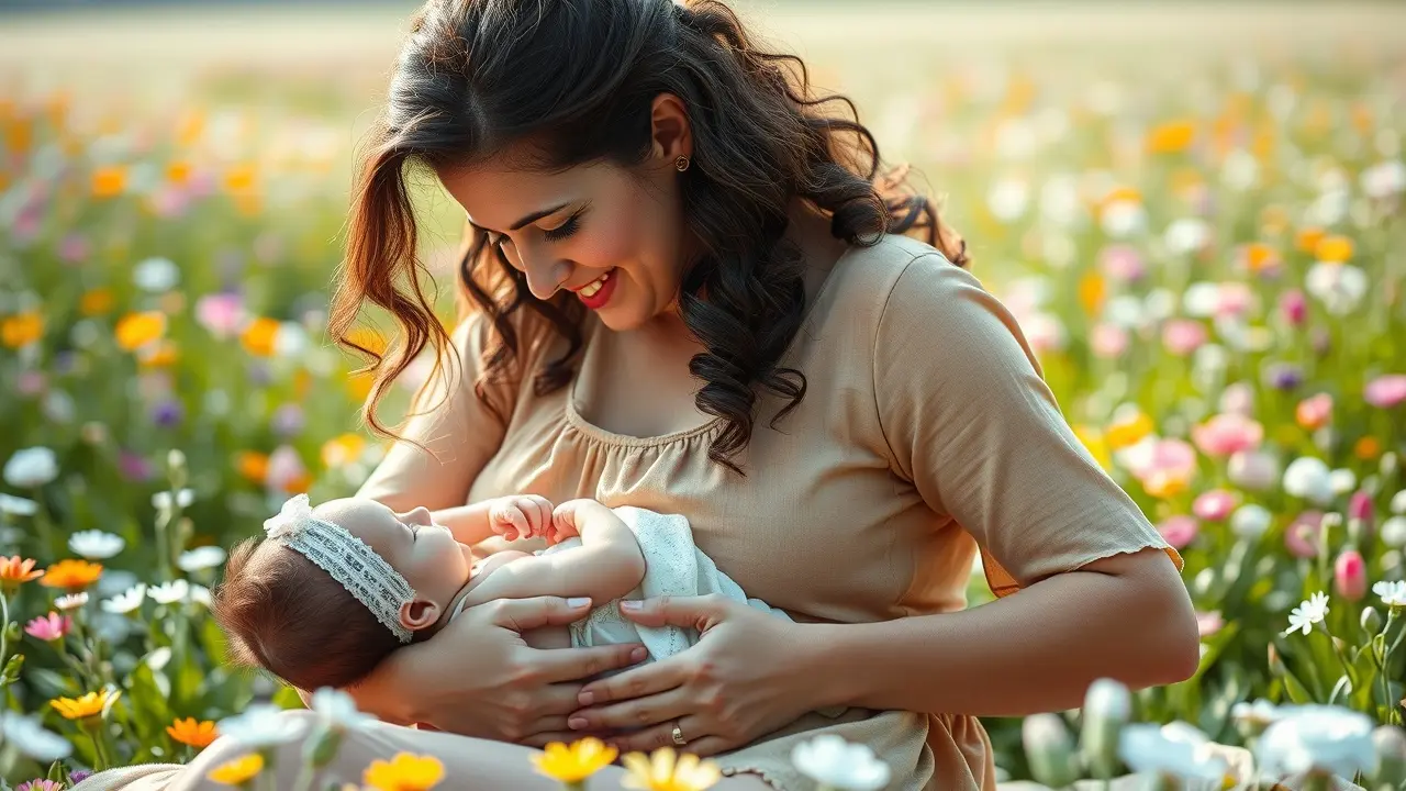 Mulher amamentando gêmeos em um campo florido