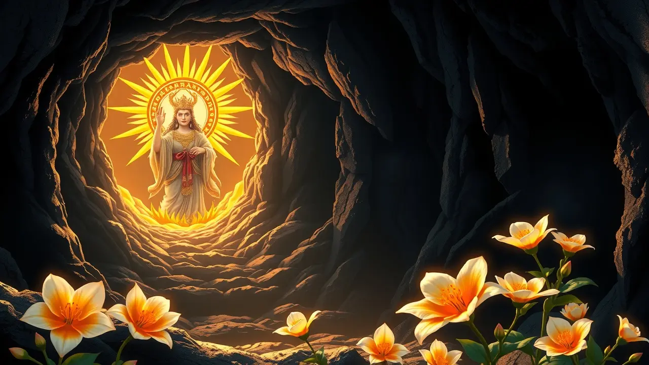 Amaterasu, deusa do sol, emergindo de caverna