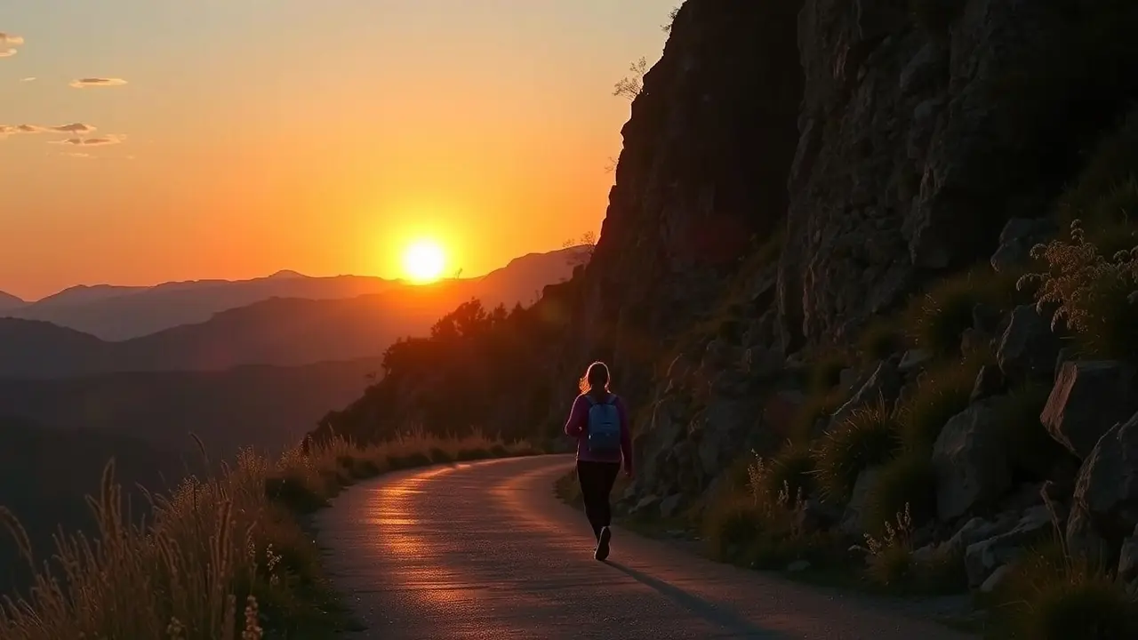 Pessoa caminhando em estrada sinuosa ao amanhecer