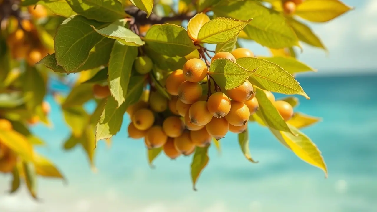 Amendoeira-da-praia com frutos ao entardecer