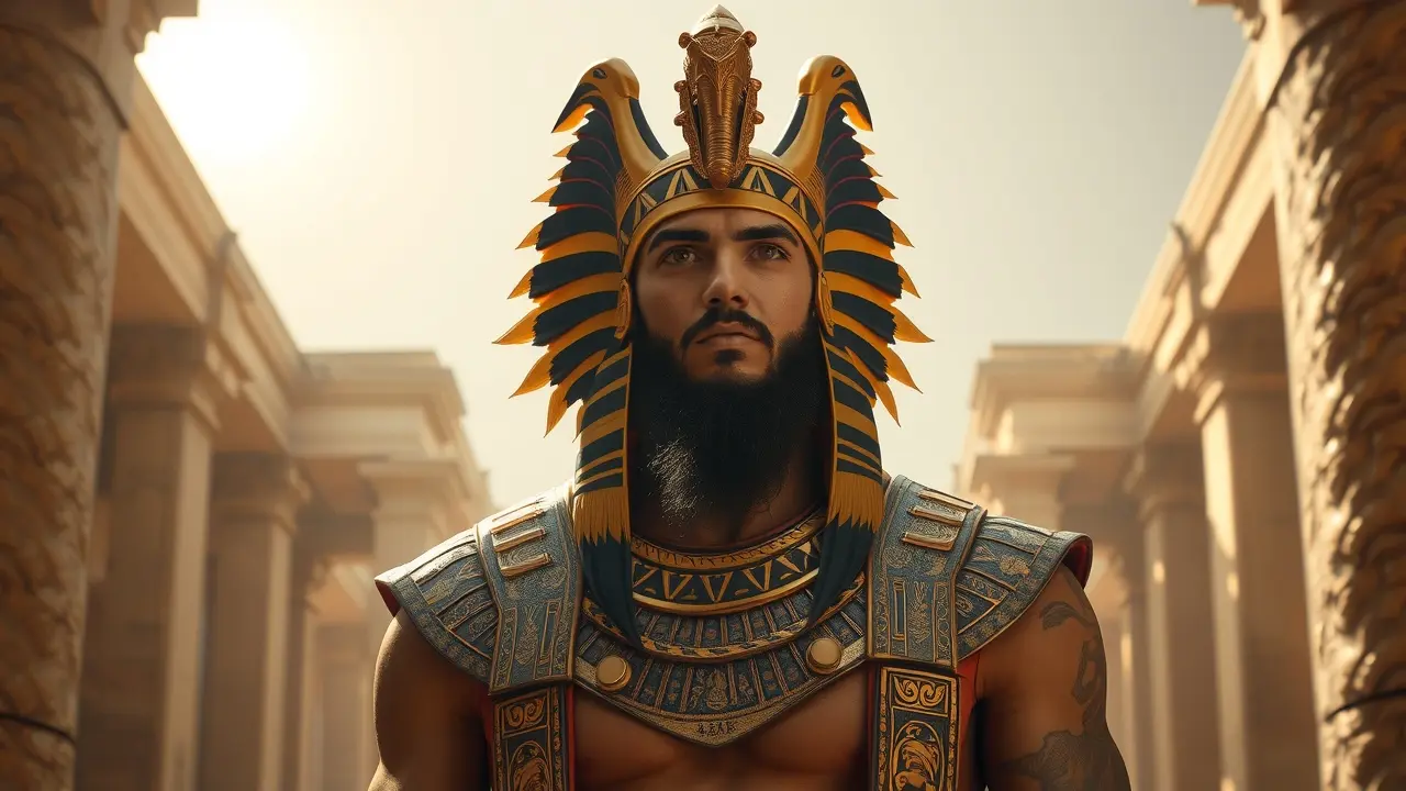 Homem com cabeça de carneiro em templo egípcio