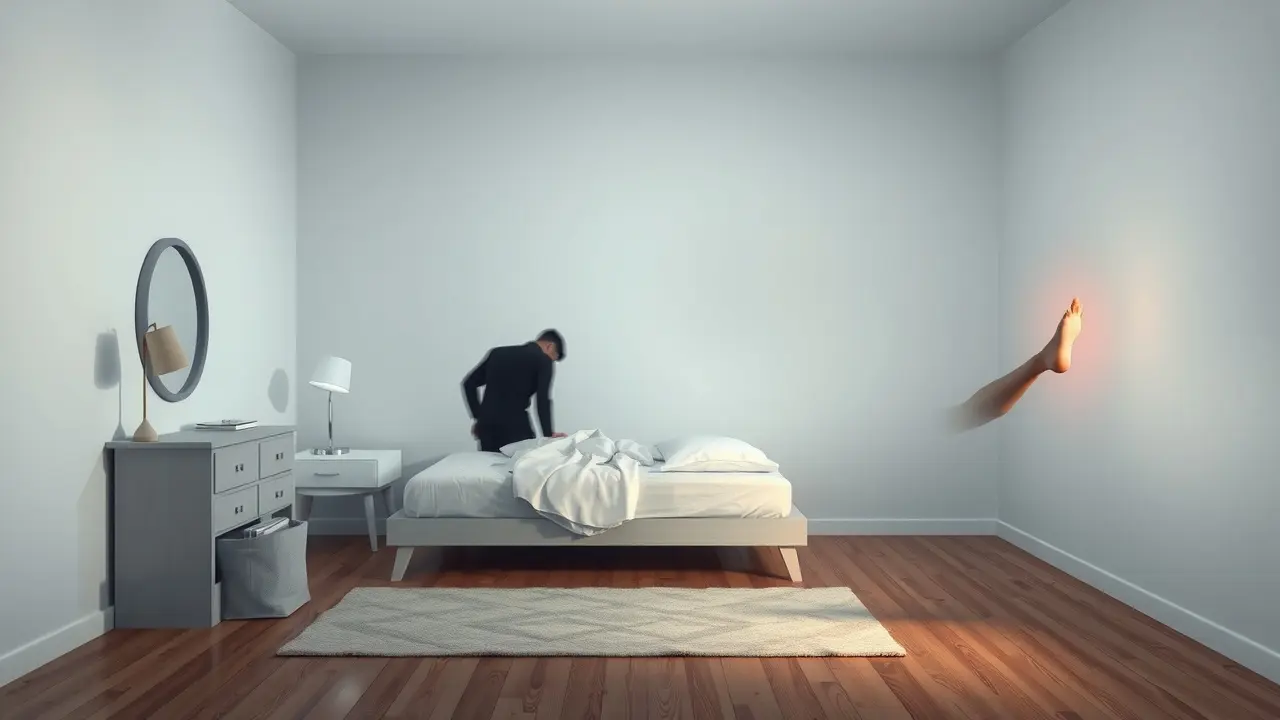 Homem assustado acordando com a perna flutuando