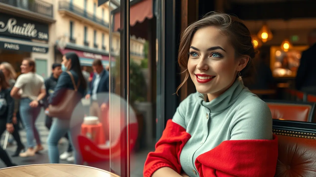 Sonhar com Amélie Poulain: Descubra o Significado! Mulher sorrindo em café parisiense