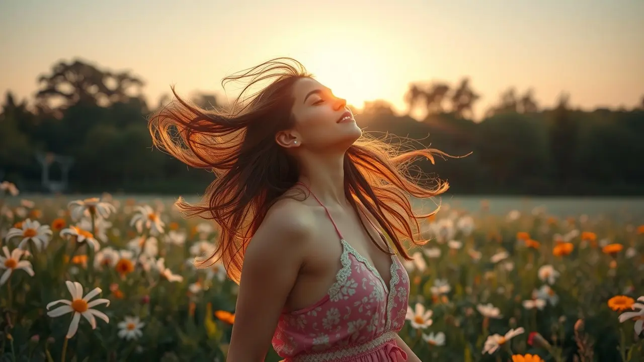 Mulher radiante em campo florido simbolizando sonhos com Andressinha