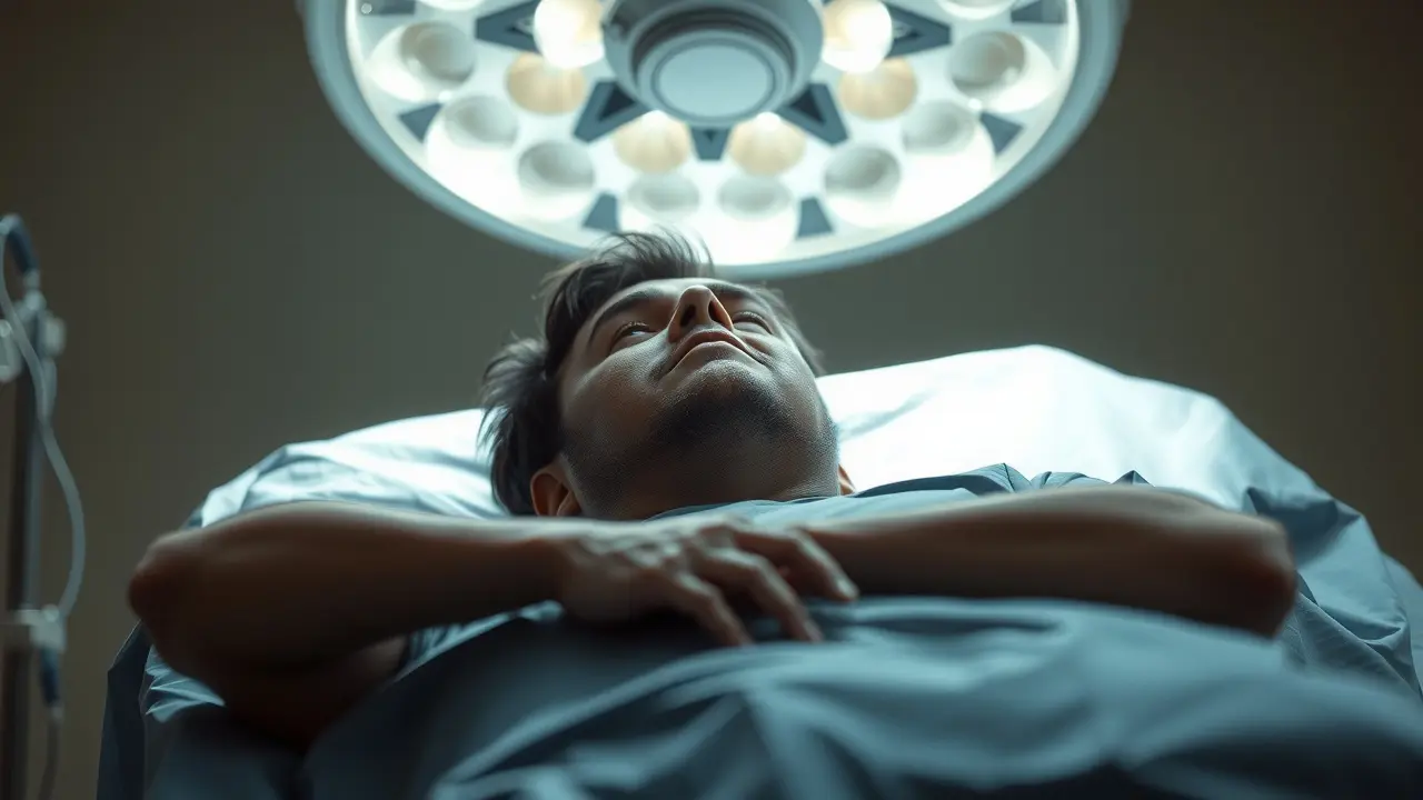 Pessoa deitada em mesa cirúrgica prestes a receber anestesia