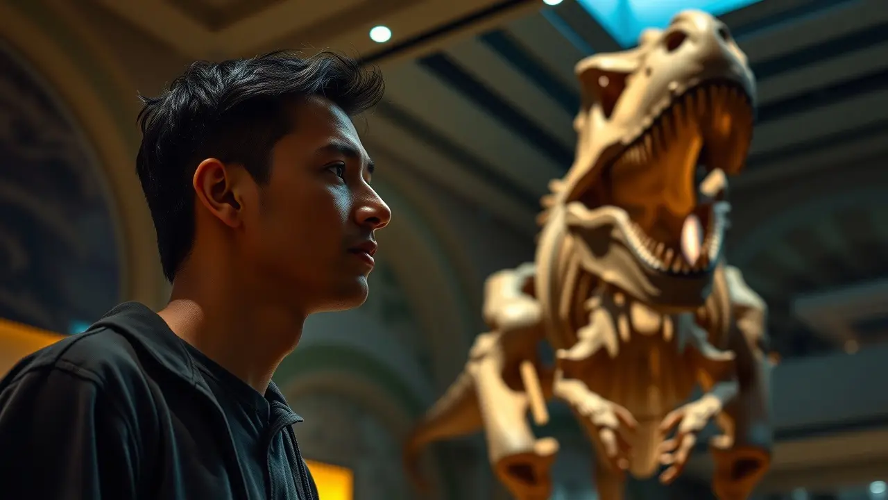 Homem observando esqueleto de dinossauro