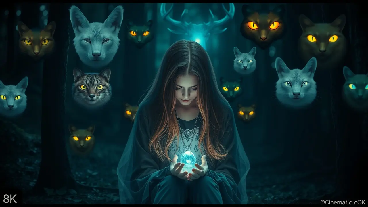 Mulher na floresta com animais oníricos