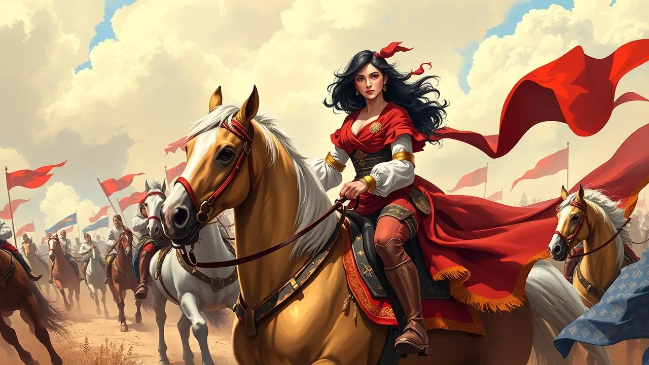 Anita Garibaldi a cavalo em batalha