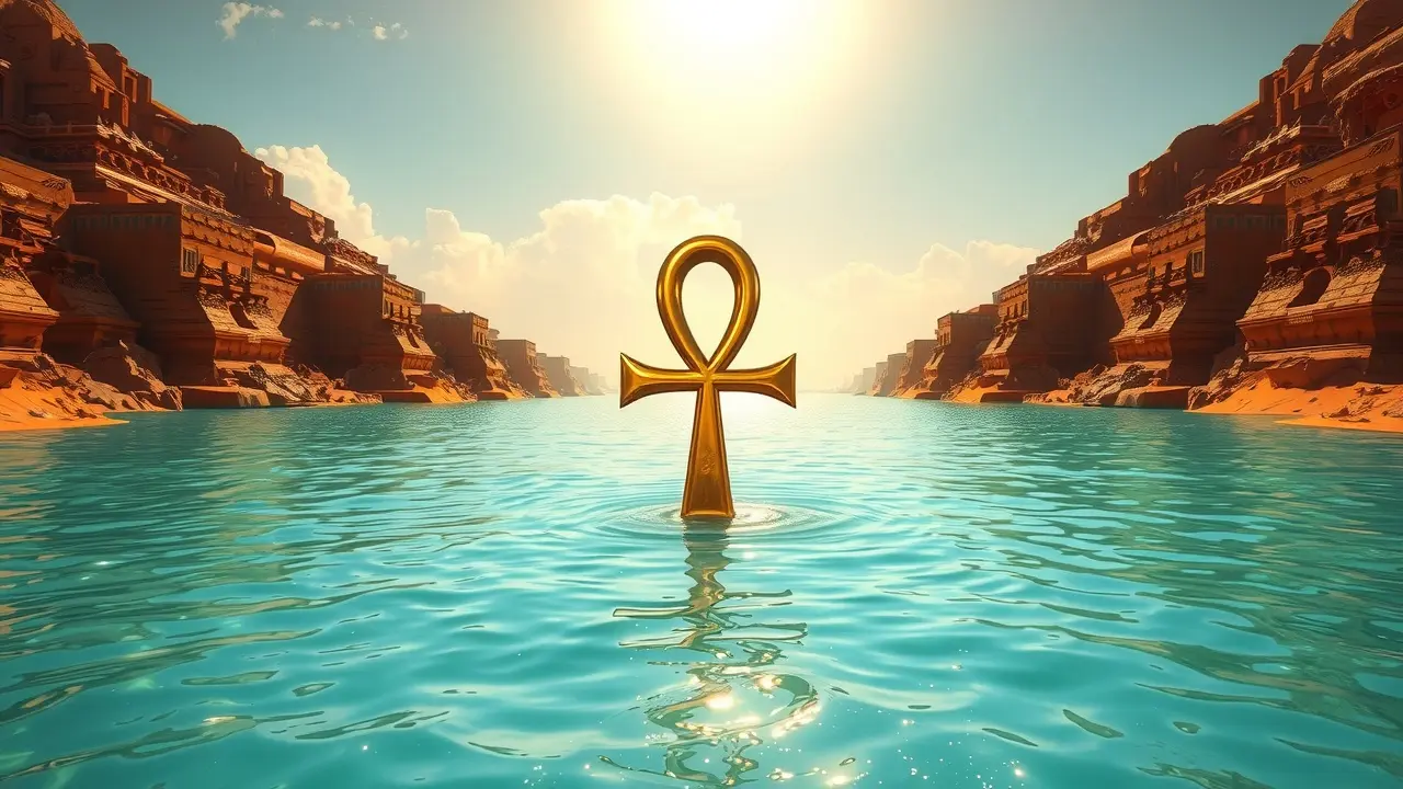Ankh dourado flutuando sobre o rio Nilo
