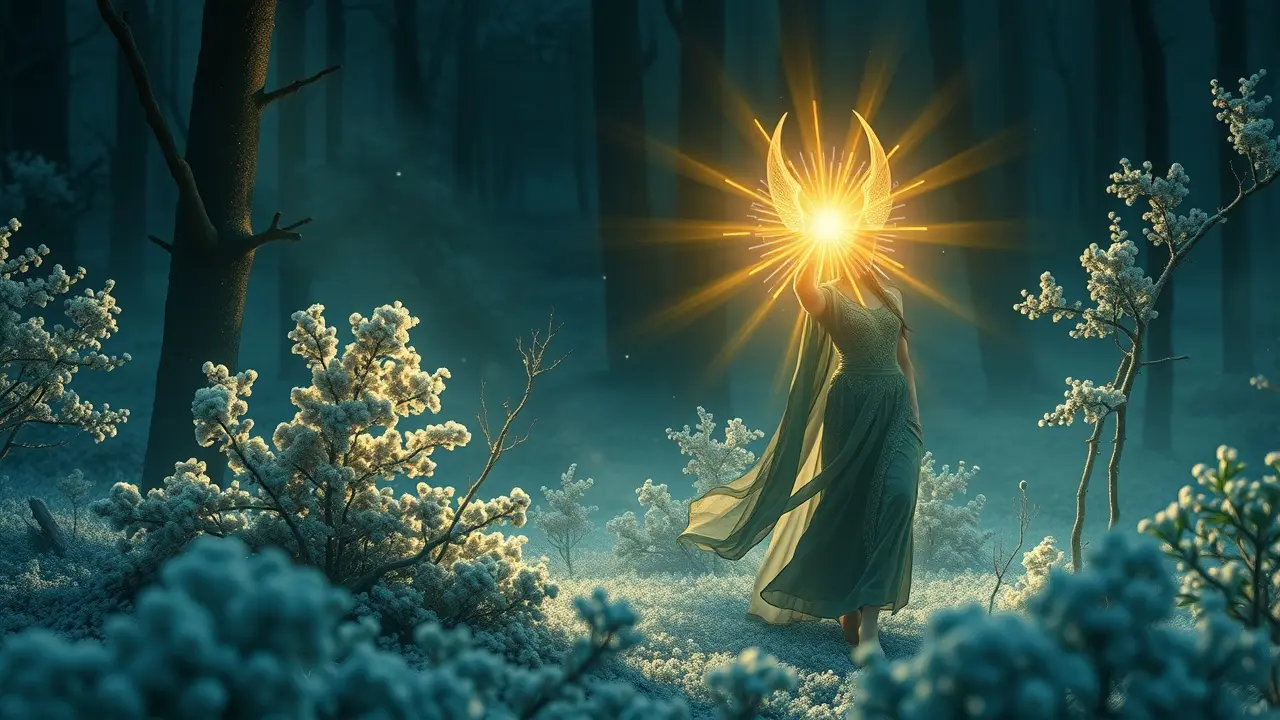 Runa Ansuz brilhando em floresta noturna