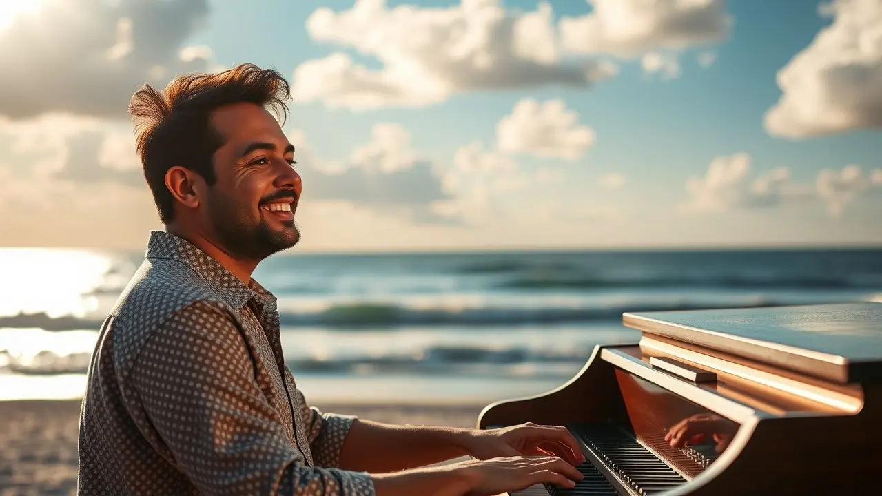 Sonhar com Antonio Carlos Jobim: Descubra o Significado Homem tocando piano na praia, ao pôr do sol