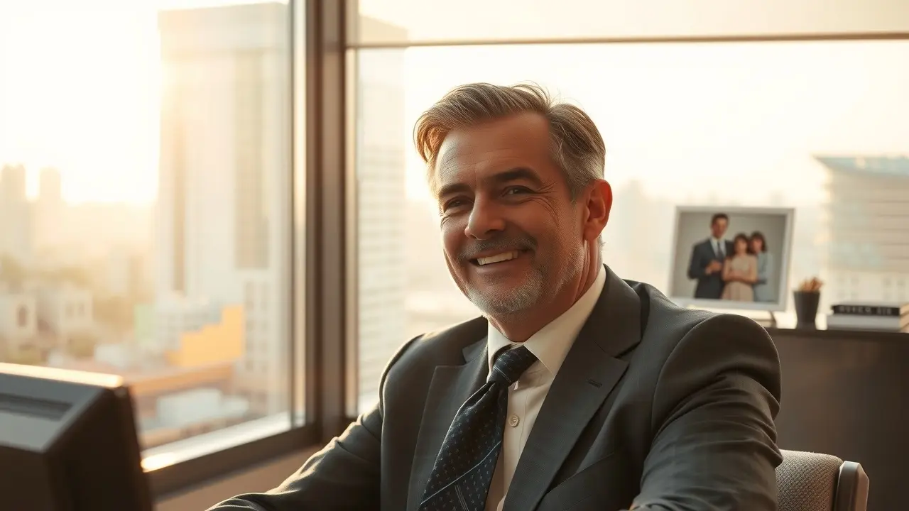 Homem de terno sorrindo em escritório